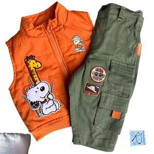 Peanuts Baby Snoopy Safari Adventure Pants and Vest Outfit Baby Sz 3/6 Months